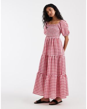 Vero Moda Midi Jurk Met Gesmokt Lijfje, Pofmouwen, Stroken En Gingham Ruit - Roze