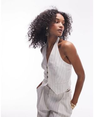 TOPSHOP – gestreifte neckholder-weste aus leinen - Weiß