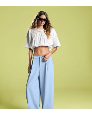 Bershka Petite Voluminous Trousers With Double Fabric - Blue