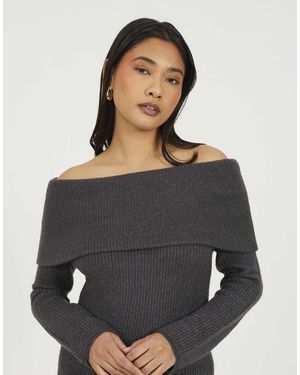 Brave Soul Bardot Ribbed Knit Mini Dress - Grey