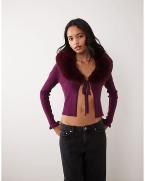 Miss Selfridge Tie Front Cardigan With Fur Collar And Cuff - Red