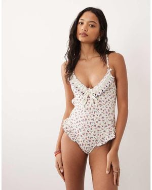For Love & Lemons Cherry Mae Ribbon Detail Tie Back Swimsuit - White