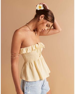 ASOS Texture Shirred Babydoll Bandeau With Tie Front Detail - Natural