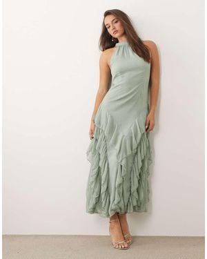 Vila Vestido Largo Verde Salvia De Estilo Boho Con Cuello Subido Y Lazada En La Espalda