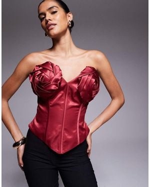 ASOS Bonded Satin Corset Bandeau Top With Corsage Detail - Red