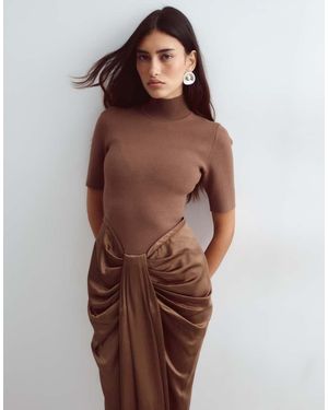 ARRANGE Hybrid Knit Bodice With Draped Satin Skirt Midaxi Dress - Brown