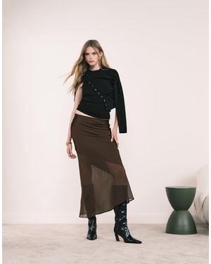 New Look Satin And Chiffon Bias Midi Skirt - Brown