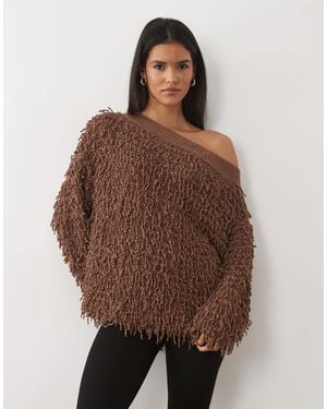 ASOS Textured Knit Asymmetric Off The Shoulder Jumper - Brown