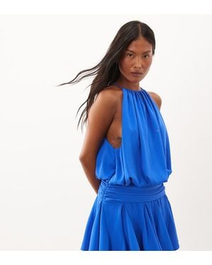 ASOS Asos Design Petite Satin High Neck Drop Waist Flippy Mini Dress - Blue