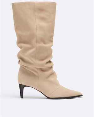 Stradivarius Leather Slouchy Heeled Boots - Natural