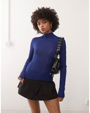 Weekday High Neck Mesh Long Sleeve Top - Blue