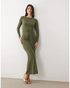 TFNC London Slinky Slash Neck Drape Front Long Sleeve Maxi Dress - Green