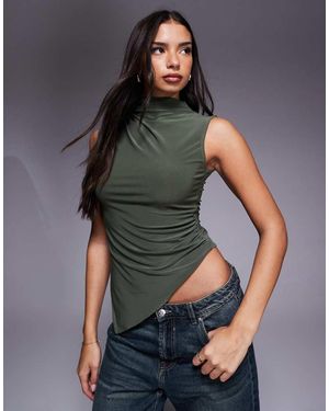 ASOS Top Caqui Fruncido Ceñido Con Cuello Subido Alto Y Bajo Asimétrico De -Verde - Gris