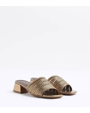 River Island Wide Fit Woven Block Heel Mule Sandals - Brown