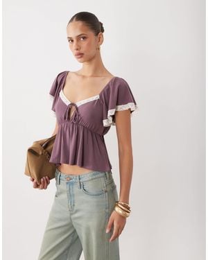 Miss Selfridge Flutter Sleeve Tea Top With Lace Trim - Purple