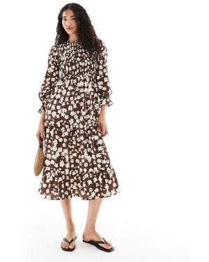 Wednesday's Girl Ditsy Floral Shirred Detail Midaxi Smock Dress - White