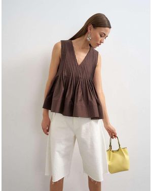 TOPSHOP V Neck Pintuck Detail A Line Top - Brown