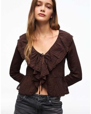 Bershka Rustic Long Sleeve Ruffle Blouse - Black