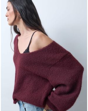 Monki Pull en maille à col v bordeaux - Violet