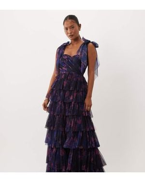 LACE & BEADS Bridesmaid Bow Shoulder Tulle Tiered Maxi Dress - Blue
