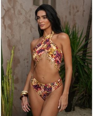 Moda Minx X Zoe Servini Floral Print High Waisted Bikini Bottoms With Bead Detail - Brown