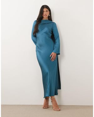 TFNC London Satin Scarf Detail Bias Maxi Dress - Blue