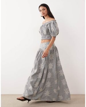 Y.A.S Floral Embroidered Full Midi Skirt Co-ord - Gray