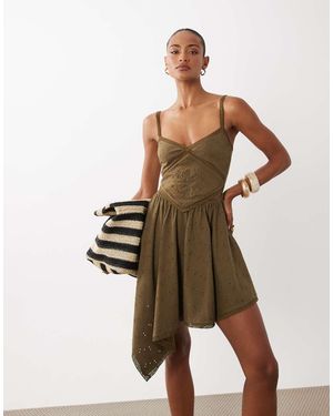 ASOS Hanky Hem Embroidered Detail Dress - Brown