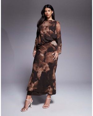 DASKA Chiffon Asymmetric Blouson Top Maxi Dress - Brown
