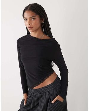 Reclaimed Vintage Off Shoulder Ruched Top With Lace Trim - Black