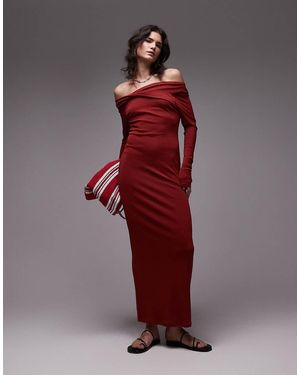 TOPSHOP Bardot Twist Detail Long Sleeve Maxi Dress - Red