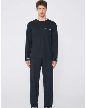 Tezenis Long Piping Cotton Pyjamas - Blue