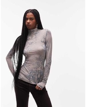 & Other Stories Sheer Floral Printed High Neck Top - Grey