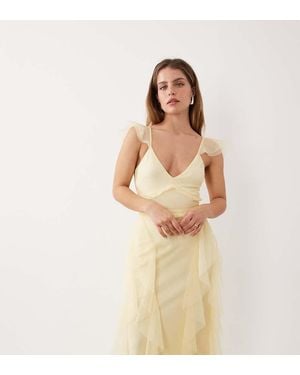 LACE & BEADS Tulle Flutter Sleeve Ruffle Maxi Dress - Natural