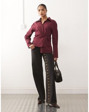 Lioness Penny Asymmetric Button Detail Relaxed Leg Jeans - Red