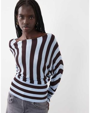 ASOS Maglione A Maglia Fine Con Spalle Scoperte E Vita Sagomata A Righe Cioccolato E Blu - Nero