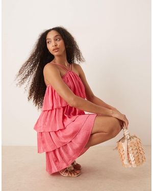 Vila High Neck Satin Ruffle Mini Dress - Pink