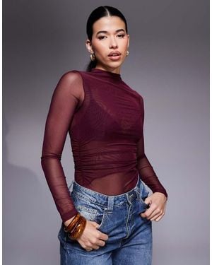 New Look Mesh Ruched Side Bodysuit - Red