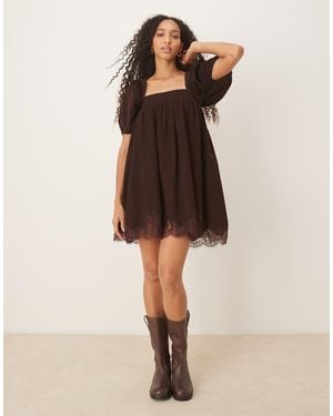 ASOS Cord Square Neck Babydoll Mini Dress With Puff Sleeve And Lace Trims - Natural