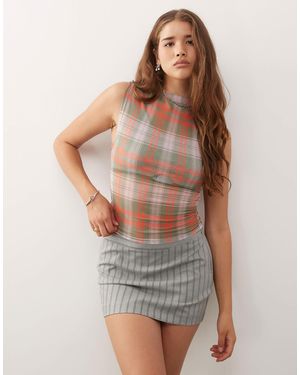 Collusion Sheer Check Print Mesh Funnel Neck Top - Brown