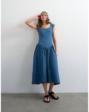 TOPSHOP Denim Drop Waist Midi Dress - Blue