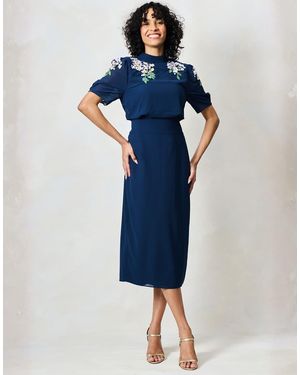 Hope & Ivy The Aria Embellished Midi Pencil Dress With Bow Detail - Blue