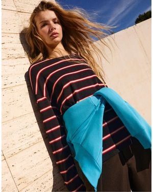 Pull&Bear Oversize Striped T-shirt - Blue