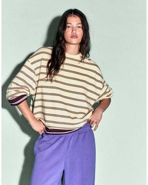 Bershka Striped Round Neck Sweatshirt - Yellow