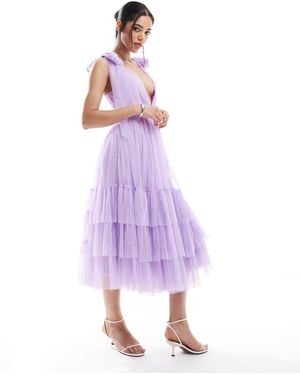 LACE & BEADS Bridesmaid Bow Shoulder Midi Dress - Purple
