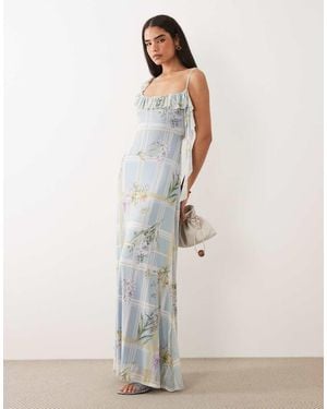 ASOS Mesh Asymmetric Frill Detail Maxi Dress With Tie - Natural
