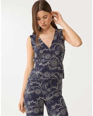Stradivarius Embroidered Linen Blend Top - Blue