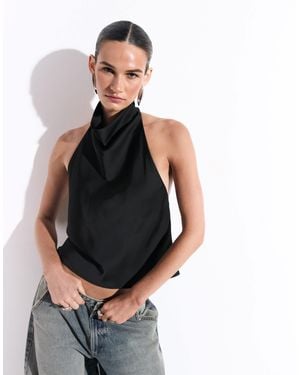 Kaiia Exclusive Satin High Neck Cowl Low Back Top - Black
