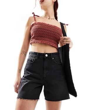 Pull&Bear High Waisted Raw Hem Longline Denim Shorts - Black