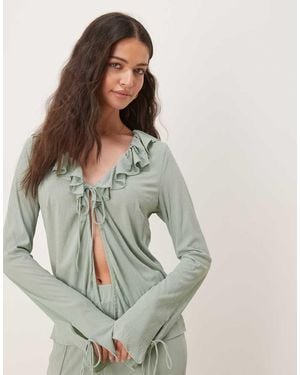Vila Textured Ruffle Tie Front Jersey Top Co-ord - Grey